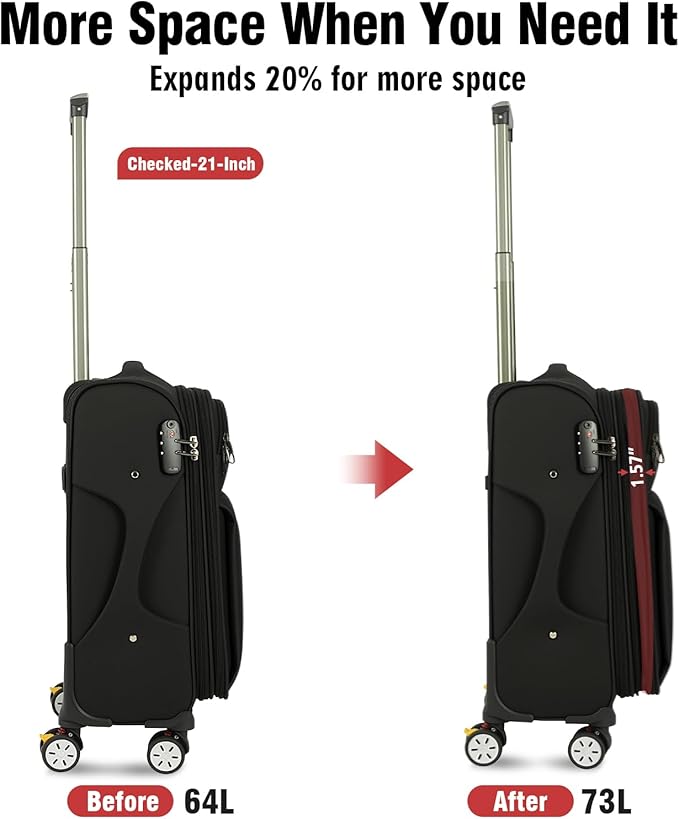 VJI Softside Expandable Carry on Luggage with Spinner Wheels, Lightweight Fabric Suitcase with TSA Lock, Smooth Rolling Travel Luggage for Business and Vacation, 21 Inch