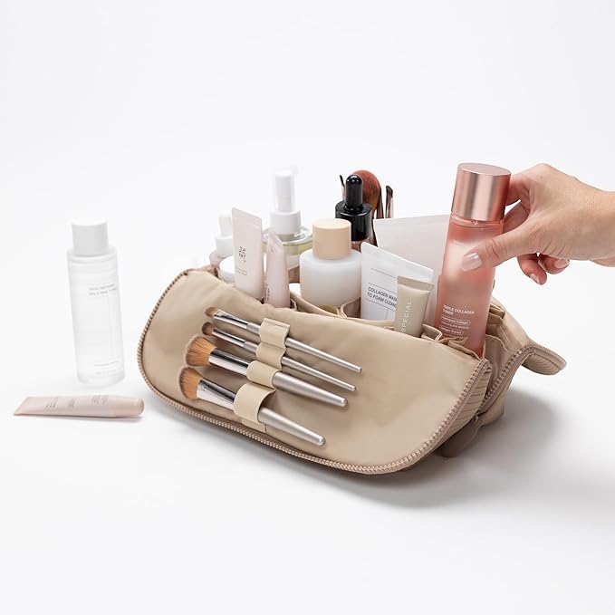 THE VERTI-Vertical Waterproof Makeup & Toiletry Bag | 23-Pocket Organizer with Upright, Fold-Down Design for Skincare, Toiletries & Essentials (Sandstone)