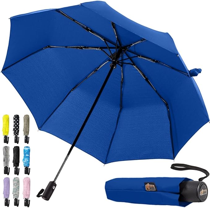 GORILLA GRIP Strong Windproof Stick Compact Umbrella for Rain, One-Click Automatic Open and Close, Durable Quick Dry Waterproof Material, Lightweight and Portable, Travel Size Fits Backpack, Navy