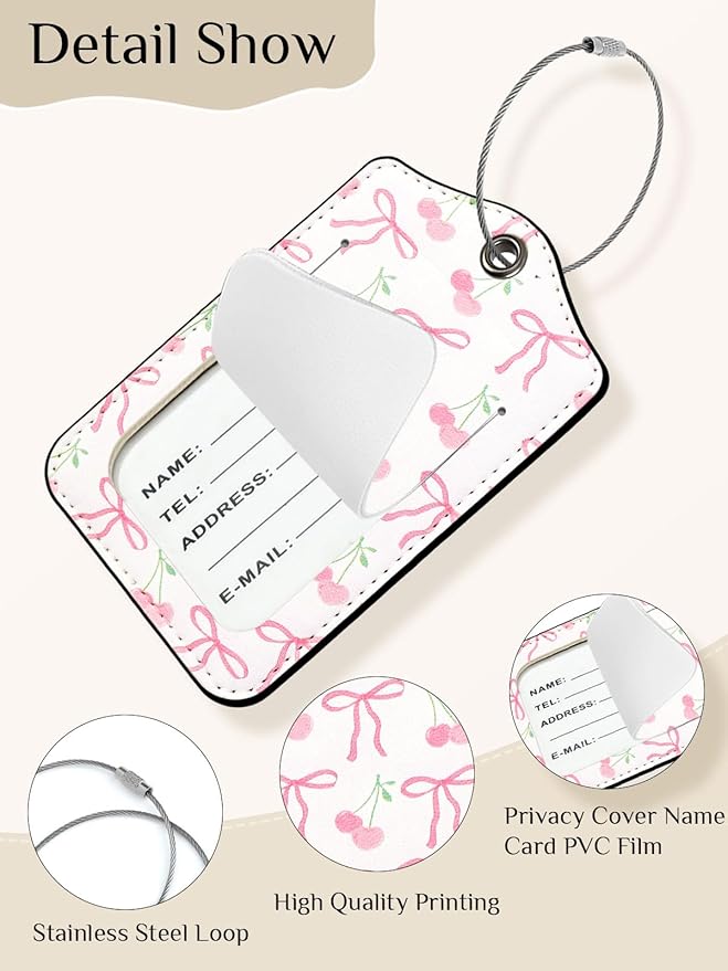 Seorsok 2Pcs Luggage Travel Tags for Suitcases,Ribbon Bow PU Leather Name Tag with Privacy Cover&ID Label Address Card and Durable Metal Ring Suitable for Men Women Handbags Backpack,Pink Cherry