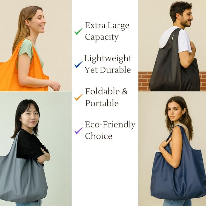 Foldable Reusable Grocery Bags – Heavy Duty 6 Pack with Handles | XL Tote for Women & Men, Market, Travel, Storage