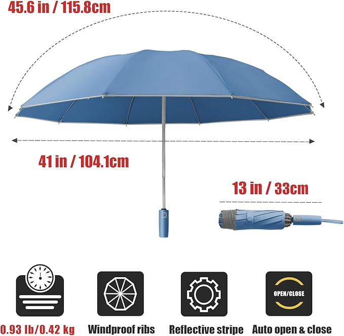 Fogkey Large Windproof Travel Umbrella, Portable Reverse Folding Car Umbrella, Compact Inverted Design with Waterproof Canopy, Automatic, 10 Durable Ribs, 45.6/13 Inch, Fits Backpack