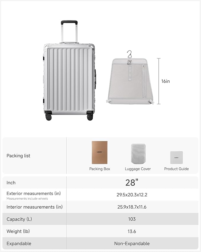 LUGGEX Checked Suitcase with Spinner Wheels, 8010S Aluminum Frame Zipperless Polycarbonate Hard Shell Suitcase (ZX-Core, Silver, 28 Inch)