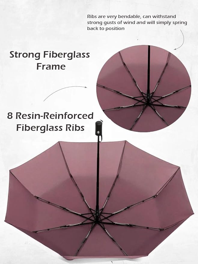 Windproof Travel Umbrella - Compact, Light, Full Automatic Open/Close - Folding Backpack Umbrella for Rain & Sun UV Preotection For Men & Women, Unbreakable 8 Fiberglass Ribs UK Design