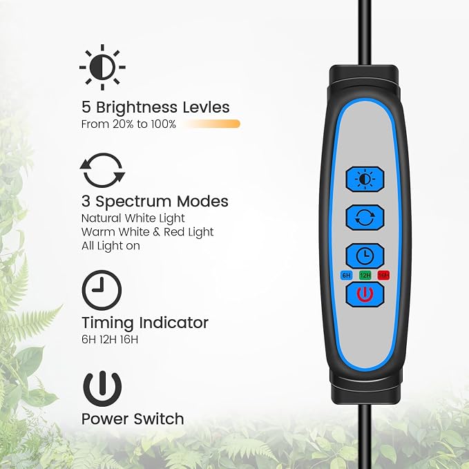Grow Light with Clip, Full Spectrum, Flexible Gooseneck, 2Pack | 6000K Rectangular Plant Light, Timer 6/12/16Hrs, 3 Spectrums, 5 Dimmable Levels, for Pot & Table, Small Plants