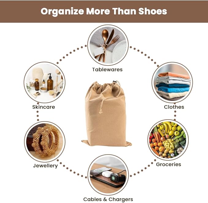 LFH Cotton Rich Shoe Storage Bags with Drawstring, Dustproof Breathable Reusable Organizer, Perfect For Travel, Dorm, Hotel, College, Gym, Easy to Carry, Machine Washable 8"x17" (Pack of 6) - Beige