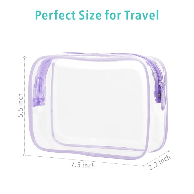 F-color TSA Approved Toiletry Bag 3 Pack Medium - Clear Makeup Bag Travel Quart Size for Women Men, Clear Cosmetic Bag Airport Airline Compliant Carry on Bag, Macaron Purple