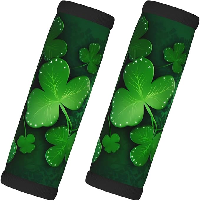 Green Clover Leaves Handle Wrap 2 Pieces, Saint Patricks Day Soft Handle Grip for Women Men Travel Luggage Outdoor Bag Markers Decor