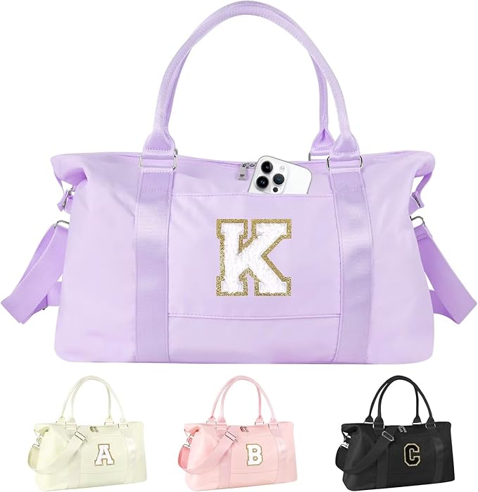 Dance Gym Duffel Bag for Teen Girls, Personalized Initial Travel Weekender Bag,Cute Overnight Carry On Duffle for Women,Sports Travel Cheer Bag,Monogram Christmas Gifts for Tween Preppy(purple-K)