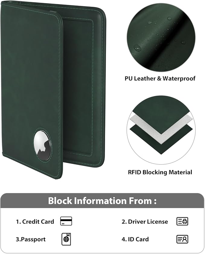 Stouchi Passport Holder with Airtag Slot, Airtag Passport Wallet for Men, Slim Leather Passport Holder Case Family for Travel Anti-Lost, Green