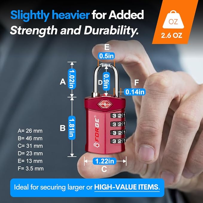 Forge 4-Digit Combination Lock, TSA Approved Locks for Luggage, Travel, Gym, School, Suitcase, Backpack, Pelican case, Easy Read dials, zinc Alloy Body.