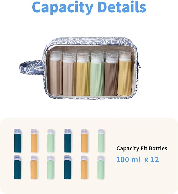 Narwey Clear Toiletry Bags for Traveling Women Men, Clear Travel Bags for Toiletries Makeup Bag Cosmetic Bag with Zipper, Make Up Organizer, Skincare Bag (Blue Leaf)