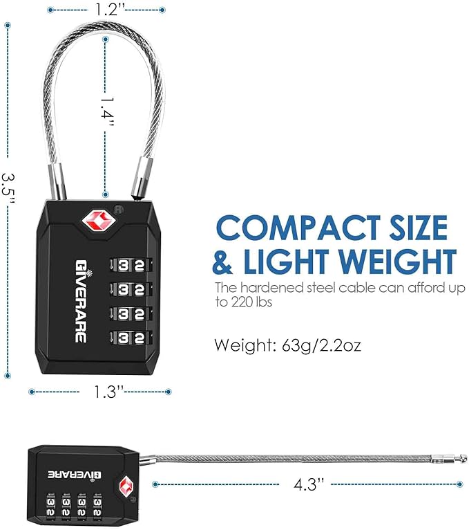 2 Pack TSA Approved Travel Luggage Locks, 4-Digit Cable Combination Suitcase Lock, Metal Alloy Padlocks, Weatherproof Padlock for Locker, Bag, Gun Case, Backpack, Anti Theft, Easy Read Dials-Black