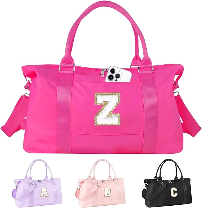 Dance Gym Duffel Bag for Teen Girls, Personalized Initial Travel Weekender Bag,Cute Overnight Carry On Duffle for Women,Sports Travel Cheer Bag,Monogram Christmas Gifts for Tween Preppy(rosered-Z)