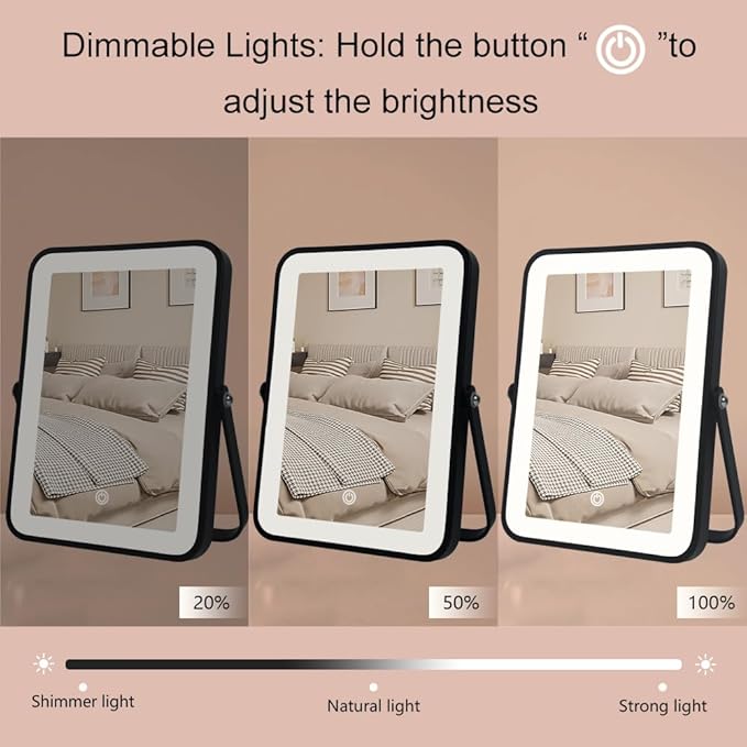 YEKKOPT Rechargeable Makeup Vanity Mirror with Lights, Small Desk Makeup Mirror with Lights, 3 Lighting Modes, Dimmable Touch Screen, Tabletop Light up Mirror