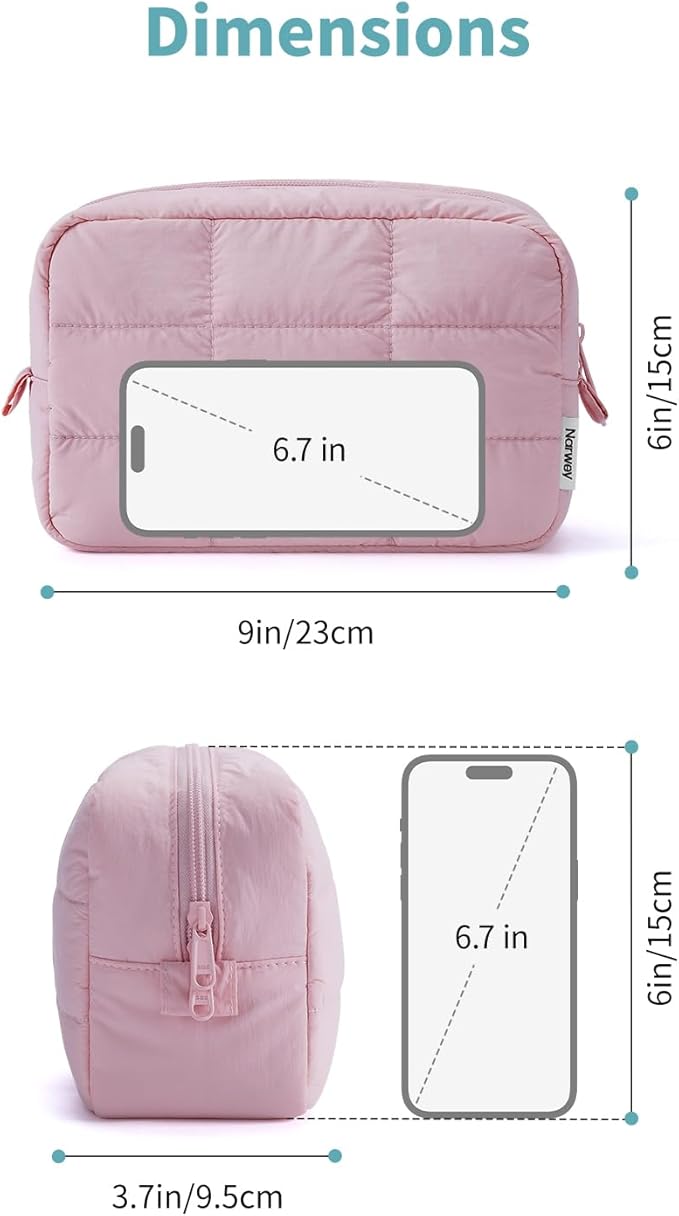 Narwey Puffer Travel Makeup Bag for Women Girl, Quilted Puffy Cosmetic Bag Make Up Bag Organizer, Cute Travel Toiletry Bag for Toiletries (Pink)