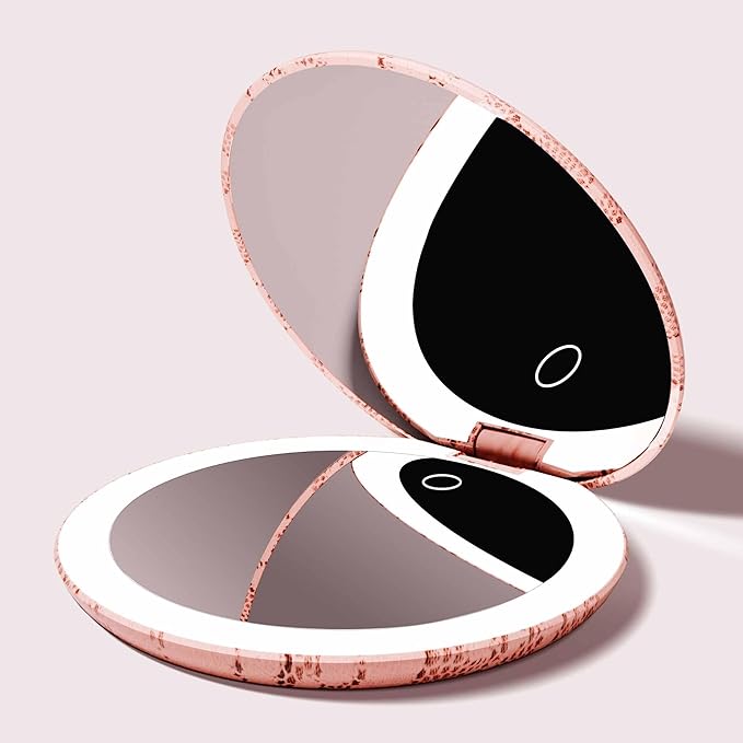 Fancii Taylor LED Lighted Travel Makeup Mirror, Rechargeable, 10x /1x Magnifying, Tru-Glow Lighting System, XL Large 5” Wide | Compact Mirror for Purses (Mocha Lace)