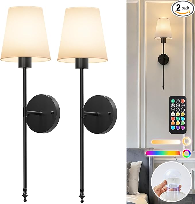 Brightown Battery Operated Wall Sconces Set of 2,Black Sconces Wall Decor | RGBWW Rechargeable Wall Lights with Dimmable Magnetic Bulbs & Remote, Wireless Wall Lamp for Living Room Bedroom Hallway