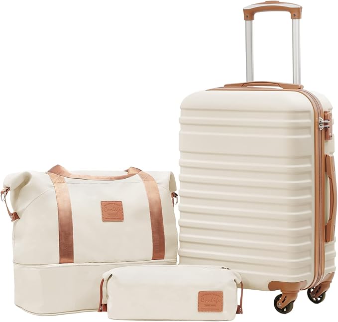 Coolife 3 Piece Luggage Set Carry On Suitcase with Hardside Durable TSA Lock Spinner Wheels (Apricot White, DB/TB/20)