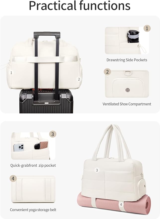 Gitus Carry On Duffle Gym Bag for Women Puffer Weekender Overnight Duffel Bag for Travel with Clear Toiletry Pouch Sport Yoga Fitness Essentials Gifts (Ivory)