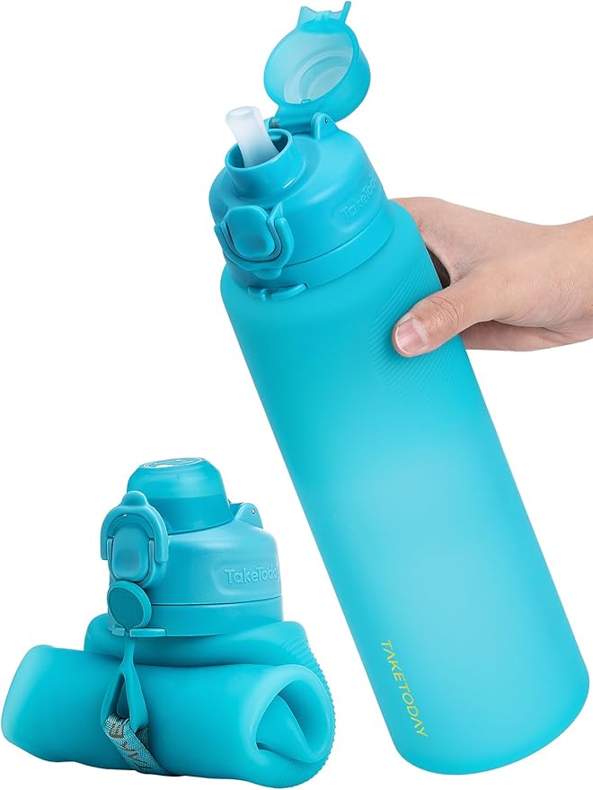 TakeToday Collapsible Water Bottles 32oz, Foldable Travel Bottle, TSA-Approved Leakproof Newly Silicone Water Bottle for Hiking, Travel, Outdoors, Blue