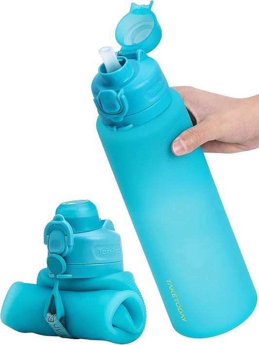 TakeToday Collapsible Water Bottles 32oz, Foldable Travel Bottle, TSA-Approved Leakproof Newly Silicone Water Bottle for Hiking, Travel, Outdoors, Blue