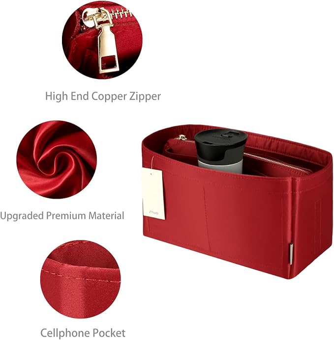 Purse Organizer Insert For Handbags, Purse Organizer With Zipper, Neverfull Organizer, Bag Organizer For Speedy Neverfull ONTHEGO Tote, Handbag and More (Silky Red, Large)