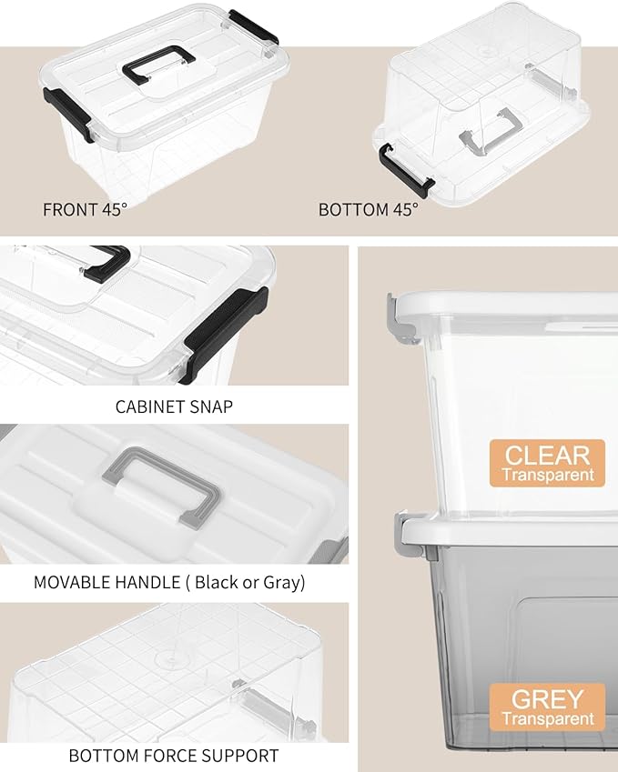 NUMIFUN Plastic Storage Bins With Lids 6 Pack Storage Organizer Bins, 7 Quart Stackable Storage Bins with Lids and Black Handle Buckle Easy for Home Office Organization, White