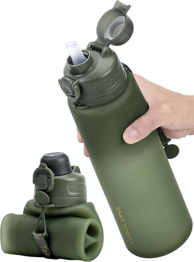 TakeToday Collapsible Water Bottles 32oz, Foldable Travel Bottle, TSA-Approved Leakproof Newly Silicone Water Bottle for Hiking, Travel, Outdoors, Green