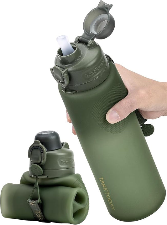 TakeToday Collapsible Water Bottles 32oz, Foldable Travel Bottle, TSA-Approved Leakproof Newly Silicone Water Bottle for Hiking, Travel, Outdoors, Green