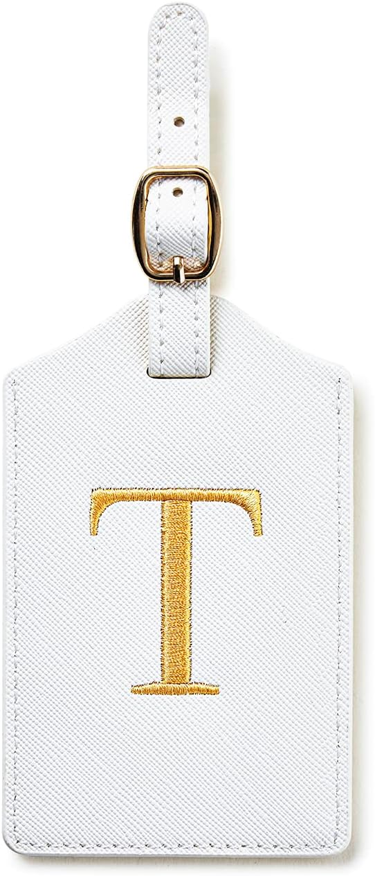 Initial Luggage Tag, PU Leather Luggage Tag, Embroidered Luggage Tag, Letter Luggage Tag, Monogrammed Luggage Tag, Luggage Tag for Baggage Bag Suitcase (T, White Leather+Gold Letter)