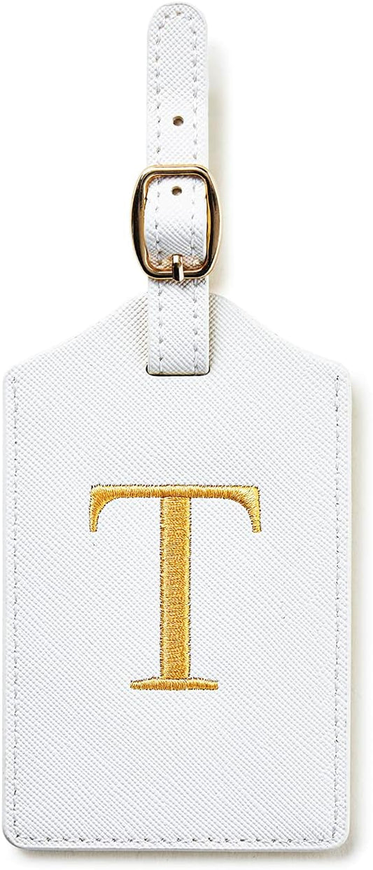 Initial Luggage Tag, PU Leather Luggage Tag, Embroidered Luggage Tag, Letter Luggage Tag, Monogrammed Luggage Tag, Luggage Tag for Baggage Bag Suitcase (T, White Leather+Gold Letter)