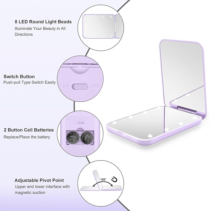 Kakuje Compact Mirror, 1X/3X Magnification LED Pocket Mirror with Nternal BIattery, Mini Mirror for Purse, Pocket,Travel and Present (Purple)