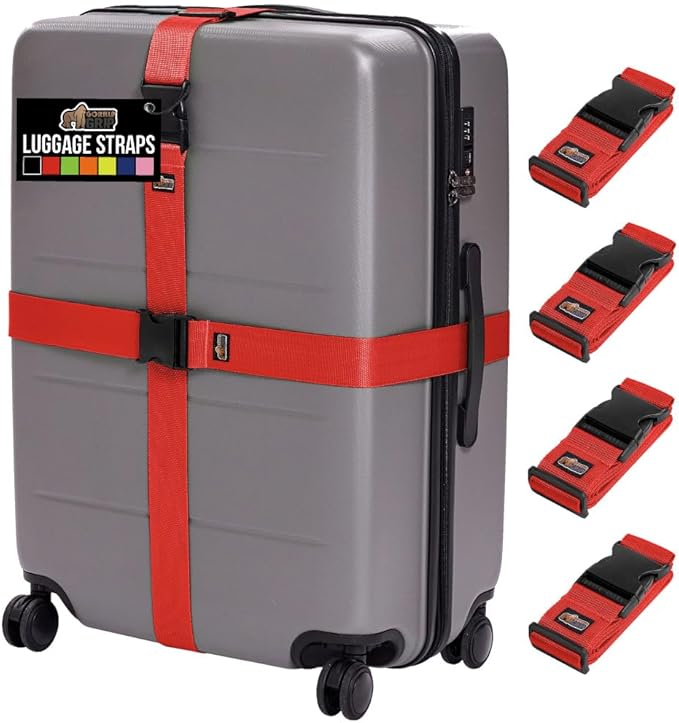 GORILLA GRIP Heavy Duty 4 Pack Adjustable Luggage Straps for Suitcases, Easy to Identify Travel Belt Connector Holds Suitcase Together, Extends Life of Bag, Strap Connects Two Bags, Accessories Red