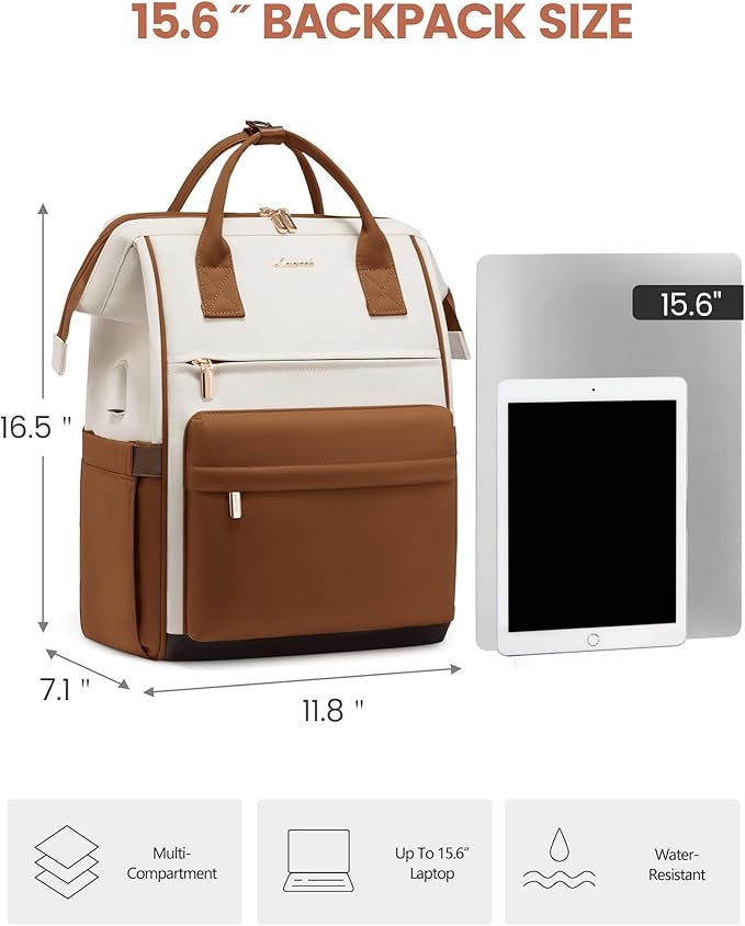 LOVEOVOOK 15.6 Inch Laptop Backpack for Women, Large Capacity Travel Backpack with USB Charging Port, Waterproof Work Backpack for Business, College, Nursing & Airline Travel,Brown White