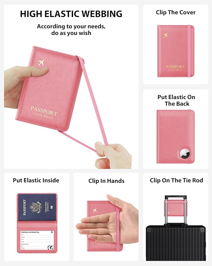 Stouchi AirTag Passport Holder, Cute Passport Holder with Airtag Slot, RFID Passport Wallet Cover for Women, Family Leather Passport Protector Case, Anti-Lost Travel Essentials, Pink