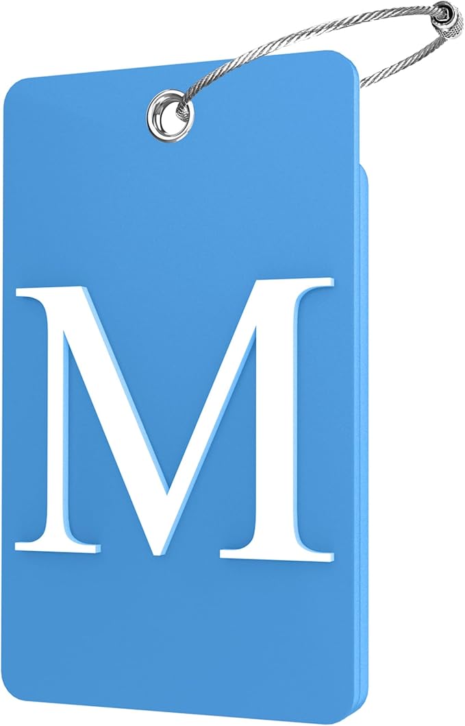 Gostwo 2 Pack Luggage Tags for Suitcases, 26 Initial Letter Travel Luggage Baggage Identification Labels ID Tag Fully Bendable Tags with Stainless Steel Loop (Blue) (Letter M)