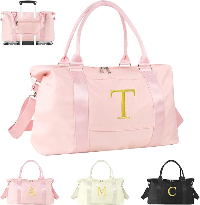 Personalized Initial Gym Dance Bag, Travel Duffel Bag for Teen Girls, Carry On Bag Overnight Weekender Bag with Trolley Sleeve, Birthday Gifts for Women Mom Daughter Graduation Gift(Letter T, Pink)