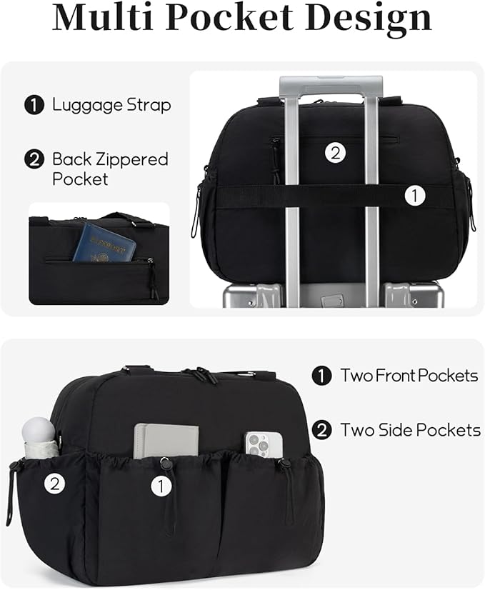 Carry On Duffle Bag with 15.6 Inch Laptop Compartment, Gym Bag for Women with Wet Pocket, Shoe Bag and Toiletry Pouch, Personal Item Travel Duffel Weekender Overnight Bags, Black