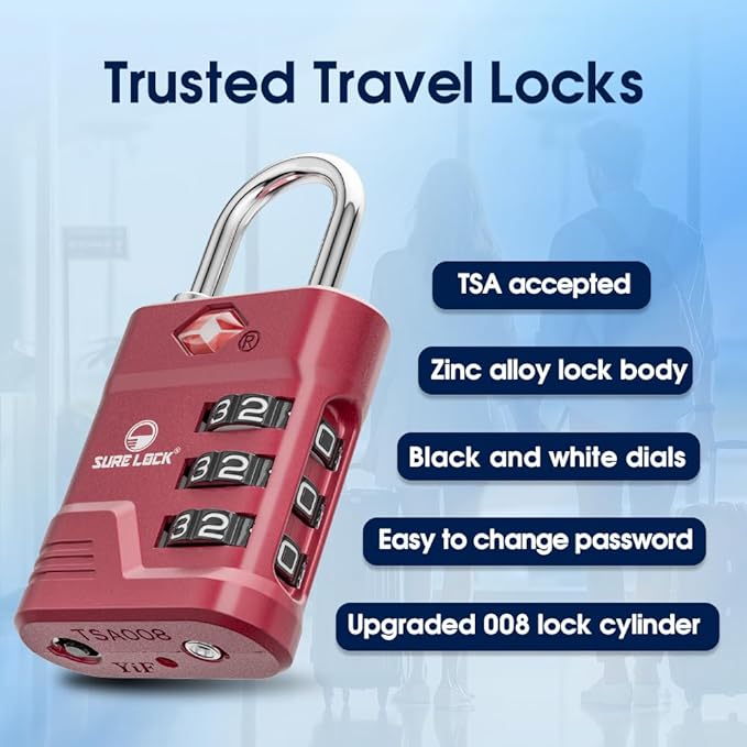 SURE LOCK TSA Approved Luggage Lock – 3-Digit Resettable Combination Padlock with Open Alert Red Dot, Large Easy-Read Dials for Suitcases, Backpacks, Gym & School Lockers(Red 2 pk)