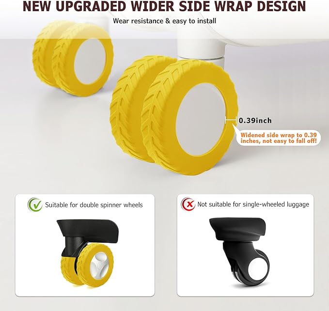 XYOFUN Luggage Wheel Covers - Upgraded 8-Pack Anti Dust & Scratch Noise Reduction Carry On/Travel Suitcase Wheel Protector - For 2-2.4" wheels - Yellow