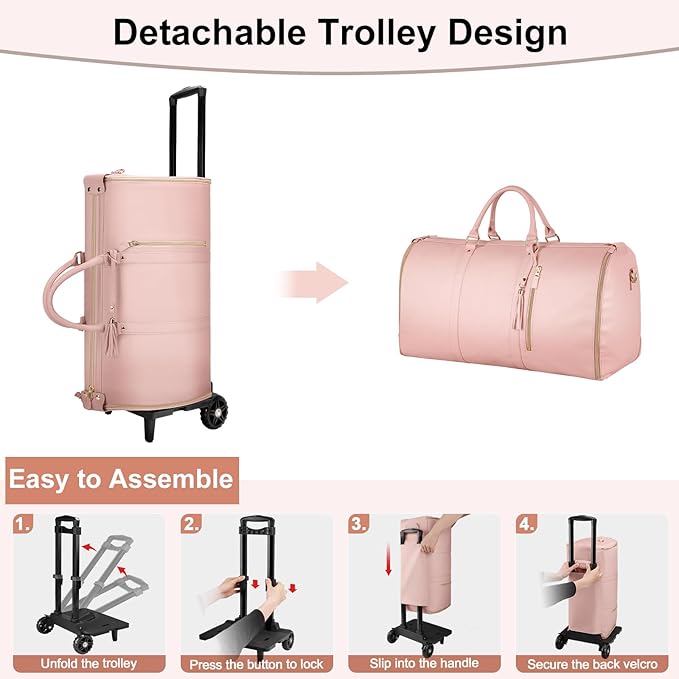 Ytonet Rolling Garment Bags for Travel, Convertible Carry On PU Leather Travel Bag 2.0 Roller Edition, 3 in 1 Suit Garment Duffle Bag with Wheels and Shoe Pouch for Business Wedding Overnight, Pink