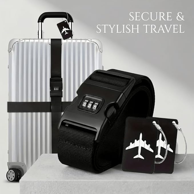 4-piece Set of Lockable Luggage Straps - Two Luggage Straps and Two Luggage Tags to Protect Your Luggage from Bursting, Suitable for suitcases 20-32 in (Black Password Lock)