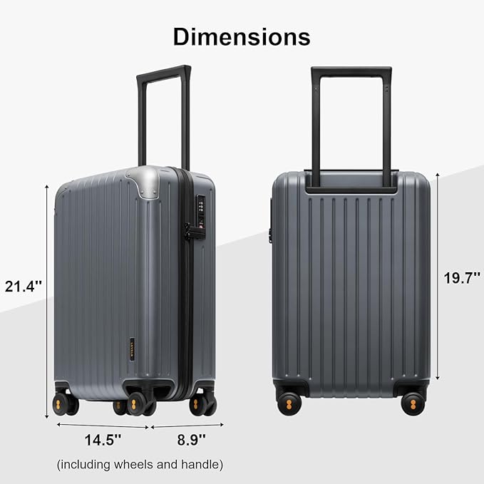 LEVEL8 Carry on Luggage Airline Approved, Hardshell Suitcases with Spinner Wheels, Lightweight PC Luggage, 20 inch, Gray
