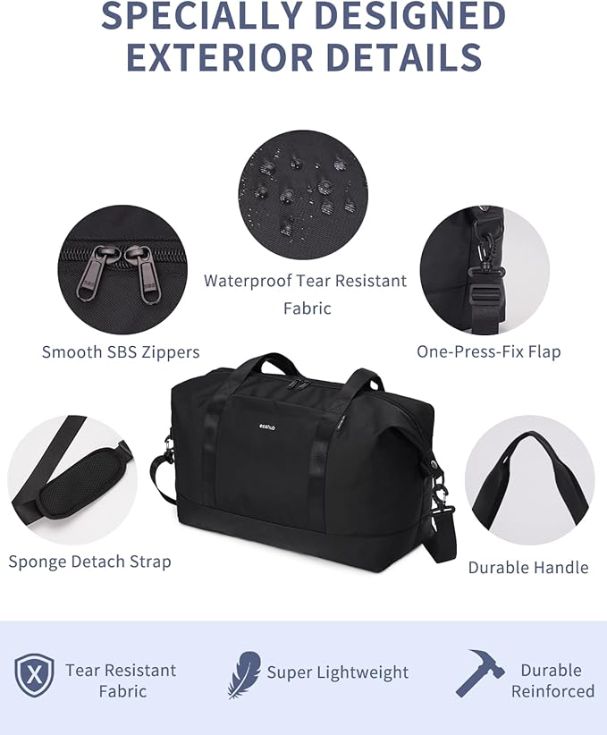 ECOHUB Travel Duffel Bag, Water Resistant Weekender Bag Carry On Bags for Women, Sport Gym Bags for Men, Hospital Bag for Labor and Delivery, Overnight Bag Luggage Bag with Trolley Sleeve, 30L Black