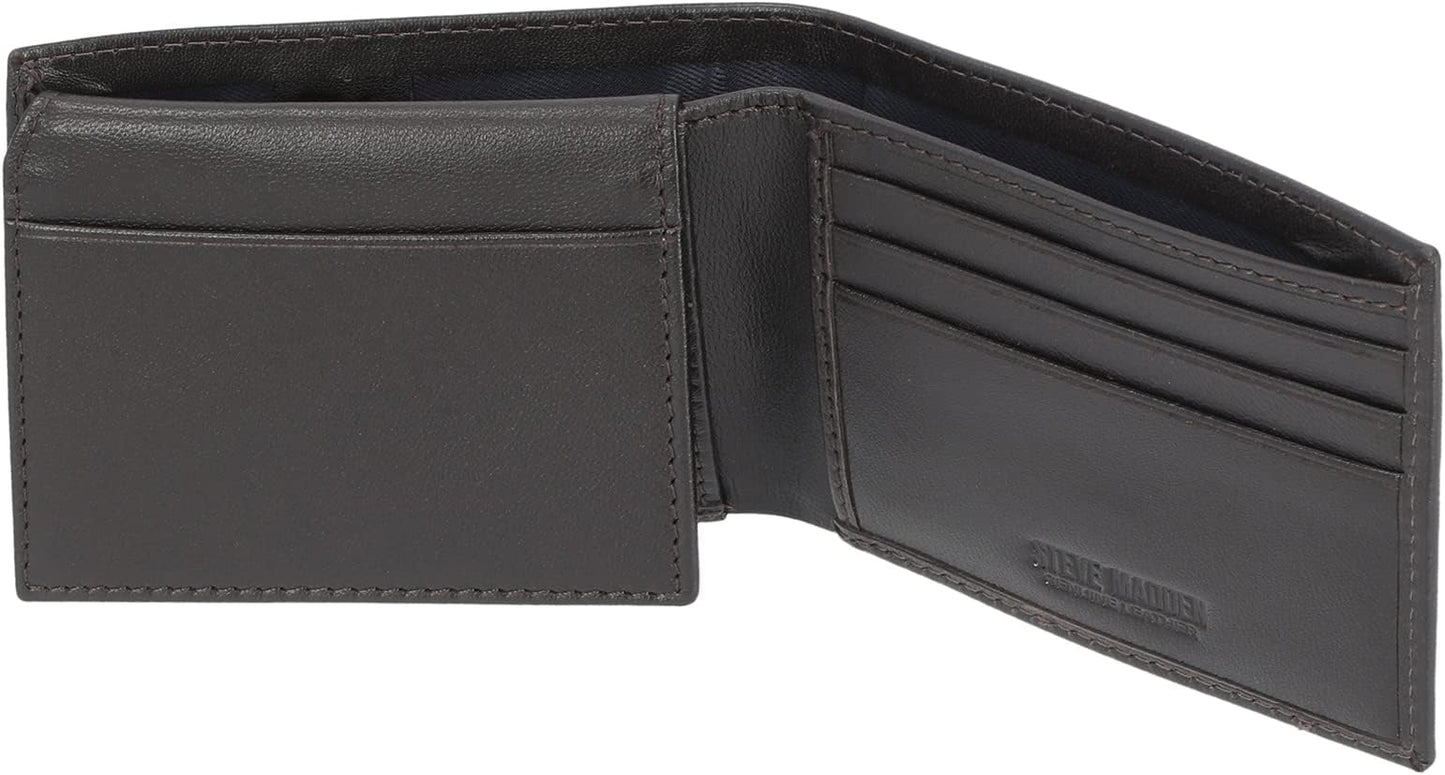 Steve Madden Men's Slim Leather Wallet with Extra Capacity Attached Flip Pockets