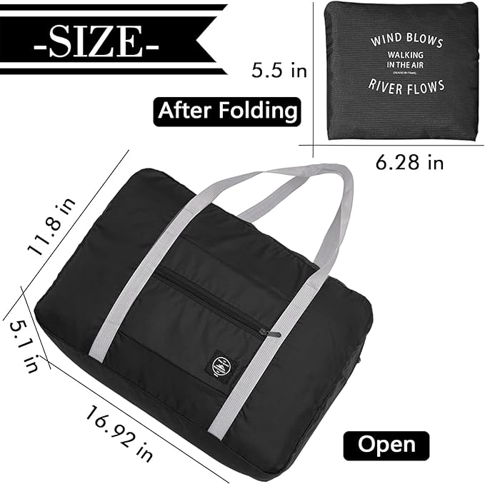 INVODA Travel Bag Carry on Luggage Foldable Duffel Bag Sports Gym Bag Weekender Overnight Bag Water Resistant Nylon Travel Duffel for Men Women (Black)