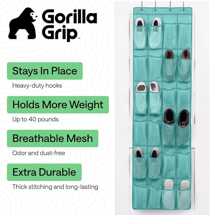 GORILLA GRIP Over the Door Shoe Organizer, 24 Large Breathable Mesh Pockets, Space Saving Hanging Storage Holder, Closet Rack Hanger Holds Up to 40 lbs, Hangs on Closets, Shoes, Accessories, Turquoise