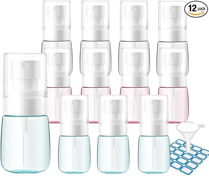 12 Pack 1oz 30ml Travel Spray Bottles TSA Approved - Leakproof Plastic Fine Mist Sprayers for Toiletries, Skincare & Plants, Portable Mini Sprayer Set with Secure Caps & Assorted Colors