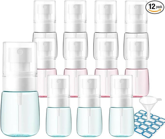 12 Pack 1oz 30ml Travel Spray Bottles TSA Approved - Leakproof Plastic Fine Mist Sprayers for Toiletries, Skincare & Plants, Portable Mini Sprayer Set with Secure Caps & Assorted Colors